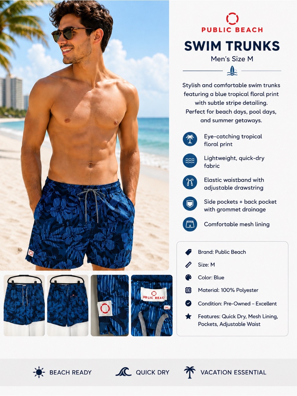 Men's Blue Tropical Print Swim Trunks